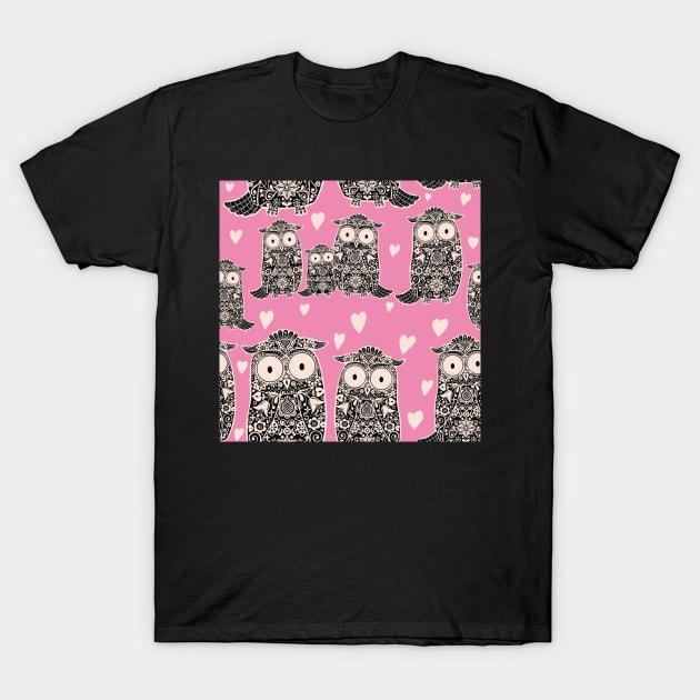 Folk Art Owls and Owlets with hearts on pink T-Shirt by NattyDesigns